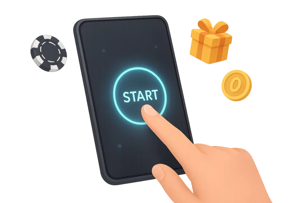 A mobile device showing a play button with floating casino chips and gift icons, symbolizing free play and no deposit access.