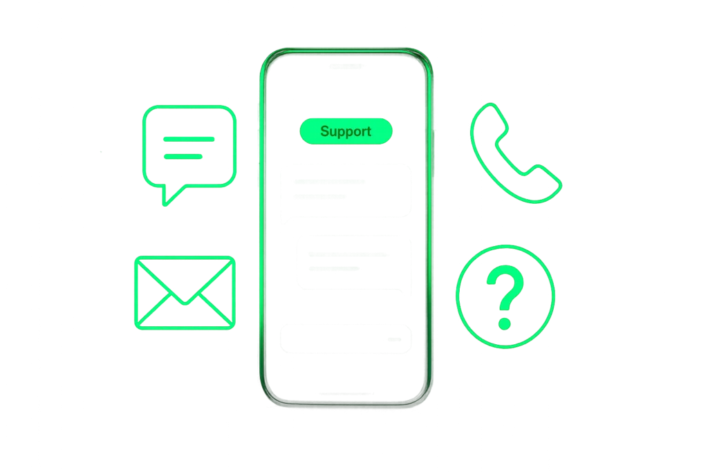 A central smartphone surrounded by icons for live chat, email, phone, and help center, visually representing the different customer support channels available at Lucky Star Casino.